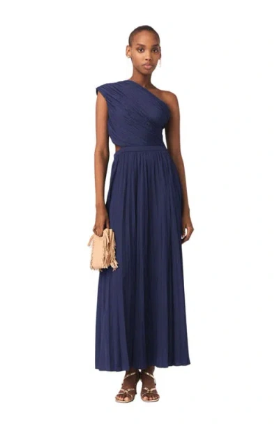 Maje Revi Asymmetric Pleated Maxi Dress In Blue