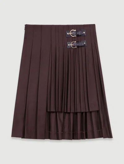 Maje Asymmetrical Pleated Short Skirt In Marron