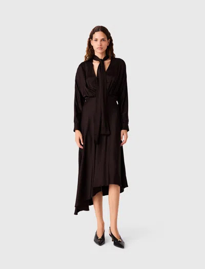 Maje Asymmetrical Satin Midi Dress In Dark Brown