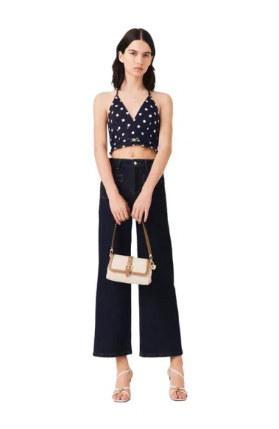 Maje Backless Linen Blend Top In Navy Dots Print