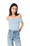 Maje Womens Blue Sky Ribbed Bardot-neck Stretch-knit Top In Blue