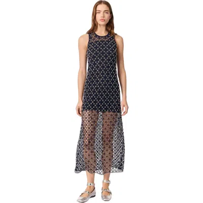Maje Beaded Crochet Maxi Dress In Navy