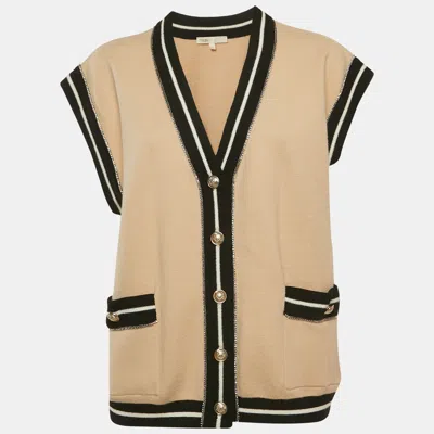 Pre-owned Maje Beige Knit Contrast Embellished Detail Sleeveless Oversized Cardigan S In Sand