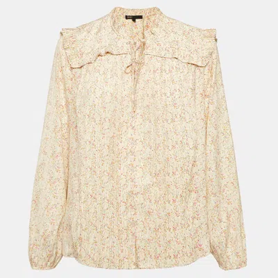 Pre-owned Maje Beige Printed Crepe Plisse Detail Top M