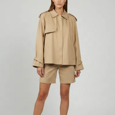 Pre-owned Maje Beige Studded Gabardine Cropped Trench Coat L In Sand