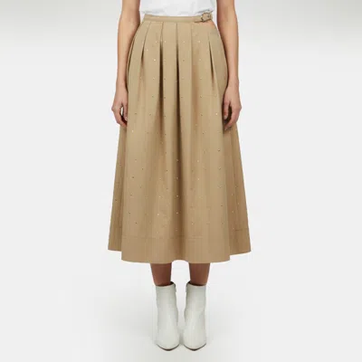 Pre-owned Maje Beige Studded Gabardine Cut Out Belted Midi Skirt L In Sand