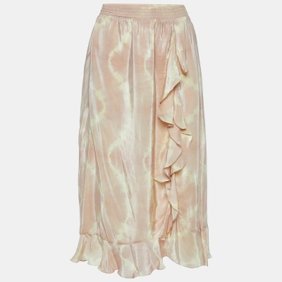 Pre-owned Maje Beige Tie Dye Satin Jitye Ruffled Midi Skirt S