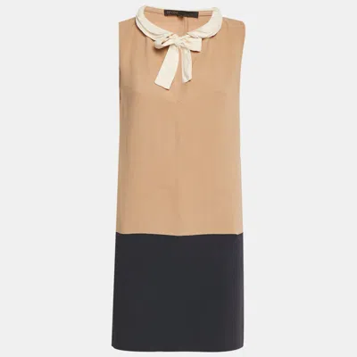 Maje Beige/navy Blue Crepe Neck-tie Mini Dress In Neutral