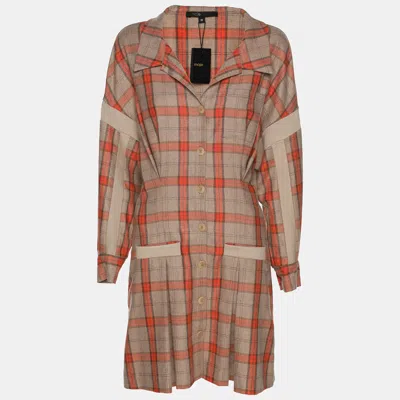 Pre-owned Maje Beige/orange Check Wool Blend Knit Shirt Dress M