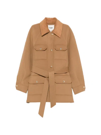 Maje Belted Button-front Wool Coat In Neutral
