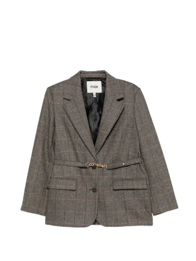 Maje Belted Checked Blazer In Grey