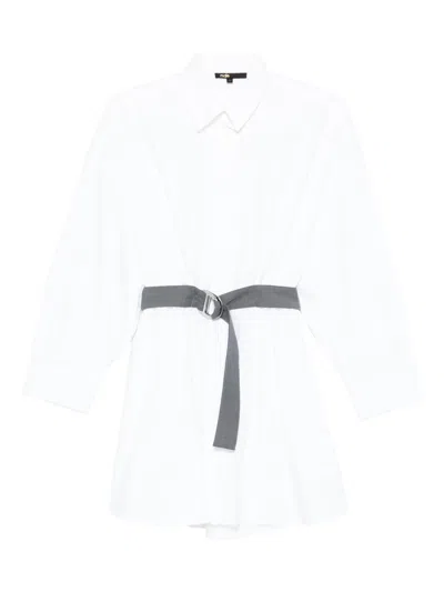 Maje Belted Cotton Mini Dress In White