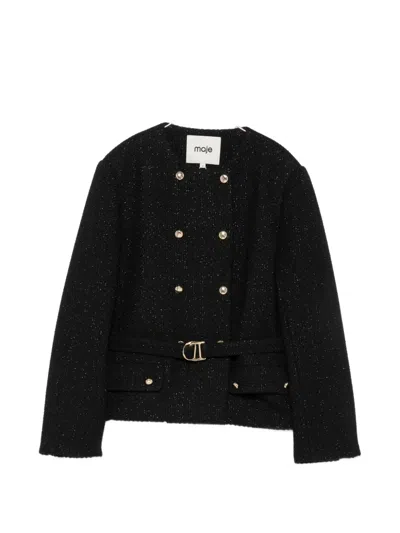Maje Belted Double-breasted Tweed Jacket In Black