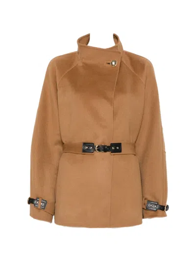 Maje Belted Funnel-neck Coat In Brown