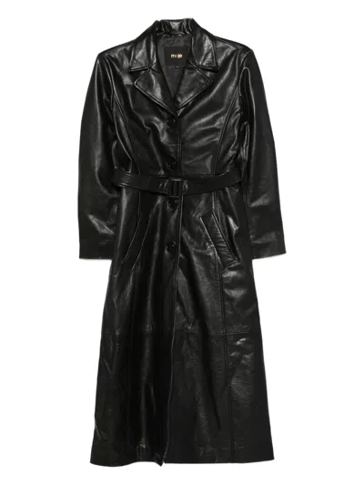 Maje Belted Leather Coat In Black