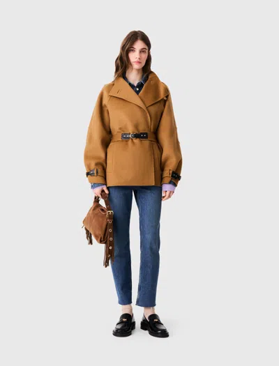 Maje Belted Mid-length Wool Coat In Camel