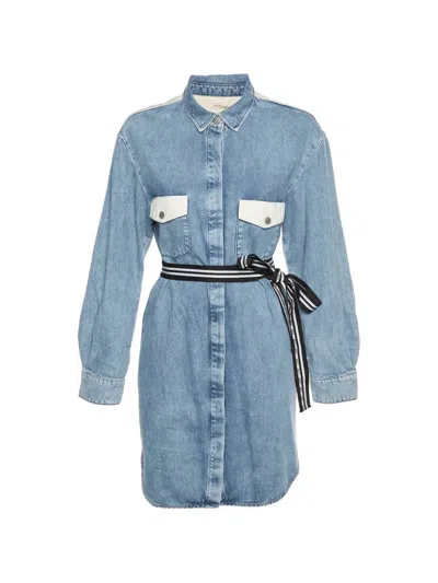 Pre-owned Maje Belted Shirt Midi Dress In Blue