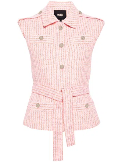 Maje Belted Tweed Waistcoat In Pink