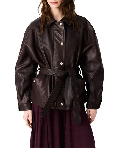 Maje Bianino Leather Belted Jacket In Brown