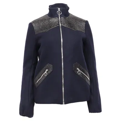 Maje Biker Blousson Zipper Jacket In Navy Blue Wool In Multi