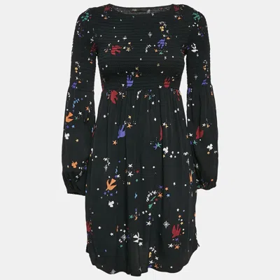 Maje Black Bird And Star Print Crepe Smocked Reskita Mini Dress