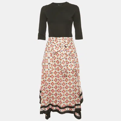 Pre-owned Maje Black Cotton Knit & Printed Silk Waist Tie Detail Midi Dress M