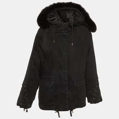 Pre-owned Maje Black Cotton Twill Fur Lined Hooded Jacket M