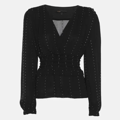 Maje Black Creep Crystal Embellished V Neck Tops