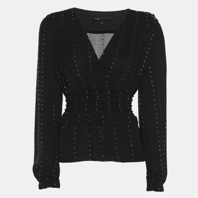 Pre-owned Maje Black Creep Crystal Embellished V Neck Tops S