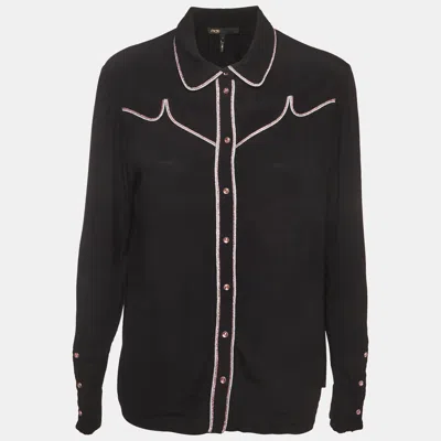 Pre-owned Maje Black Crepe Western-style Button Up Cake Shirt L