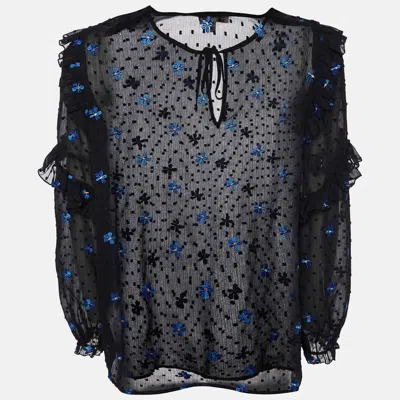 Maje Black Dotted Embroidered Crepe Ruffled Top In Blue