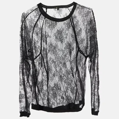 Pre-owned Maje Black Floral Lace Full Sleeve Top M