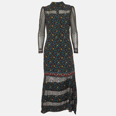 Pre-owned Maje Black Floral Print Crepe And Mesh Rezia Maxi Dress M