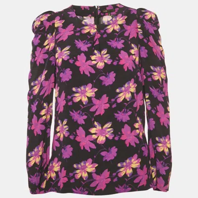 Pre-owned Maje Black Floral Print Crepe Puff Sleeve Blouse L