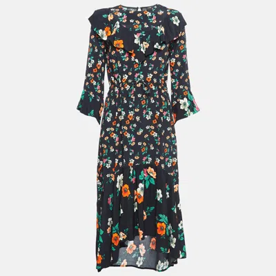 Maje Black Floral Print Crepe Ruffled Midi Dress In Multi