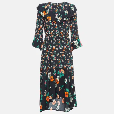 Maje Black Floral Print Crepe Ruffled Midi Dress In Multi