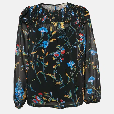 Pre-owned Maje Black Floral Print Crepe Smocked Top L