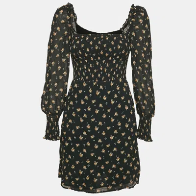 Pre-owned Maje Black Floral Print Crepe Smocking Detail Mini Dress M