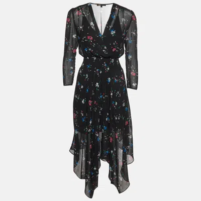Pre-owned Maje Black Floral Print Crepe V- Neck Midi Dress S