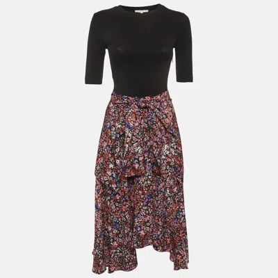 Maje Black Floral Print Jersey And Crepe Flared Midi Dress