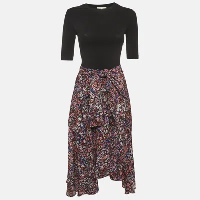 Pre-owned Maje Black Floral Print Jersey And Crepe Flared Midi Dress S
