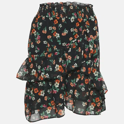 Pre-owned Maje Black Floral Print Ruffled Jupe Imprime Mini Skirt L