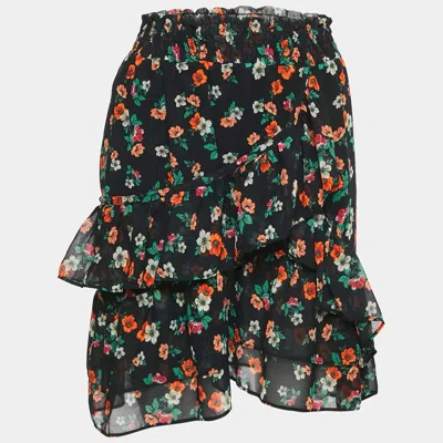 Maje Black Floral Print Ruffled Jupe Imprime Mini Skirt In Multi