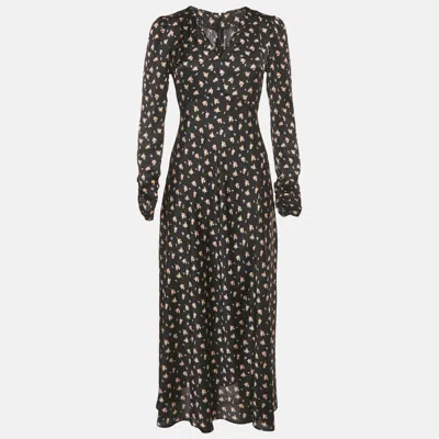 Pre-owned Maje Black Floral Print Satin Ruche Sleeve Midi Dress S