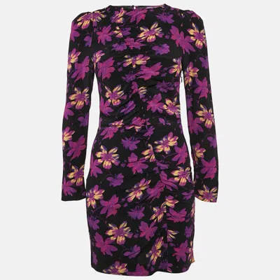 Maje Black Floral Ruched Long Sleeve Mini Dress In Multi