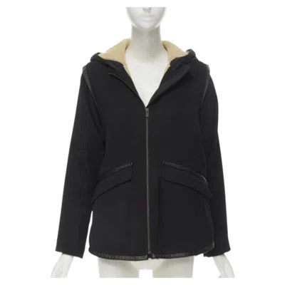 Pre-owned Maje Black Fully Shearling Lined Leather Trim Flared Back Coat Fr36 S