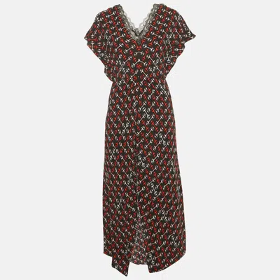 Pre-owned Maje Black Geometric Print Crepe Lace Trim Midi Dress M