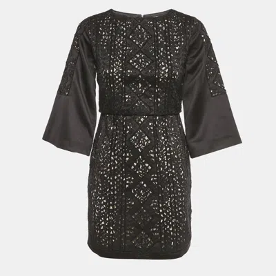 Pre-owned Maje Black Lace Embellished Satin Mini Dress S