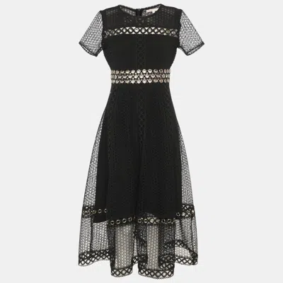 Maje Black Lace Grommet Short Sleeve Midi Dress