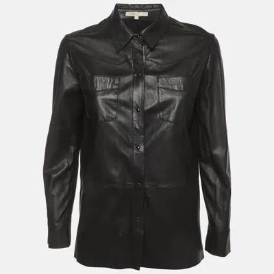 Pre-owned Maje Black Leather Button Down Fedda Shirt Jacket L